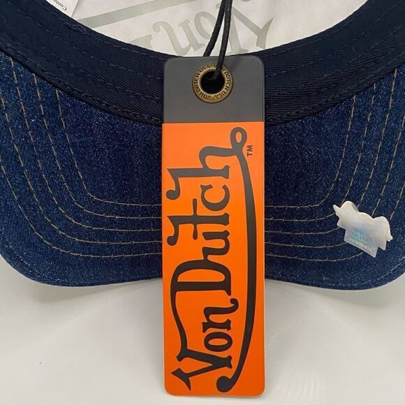 NWT New! VON DUTCH NAVY BLUE STONE DENIM TRUCKER HAT w/RHINESTONE LOGO.